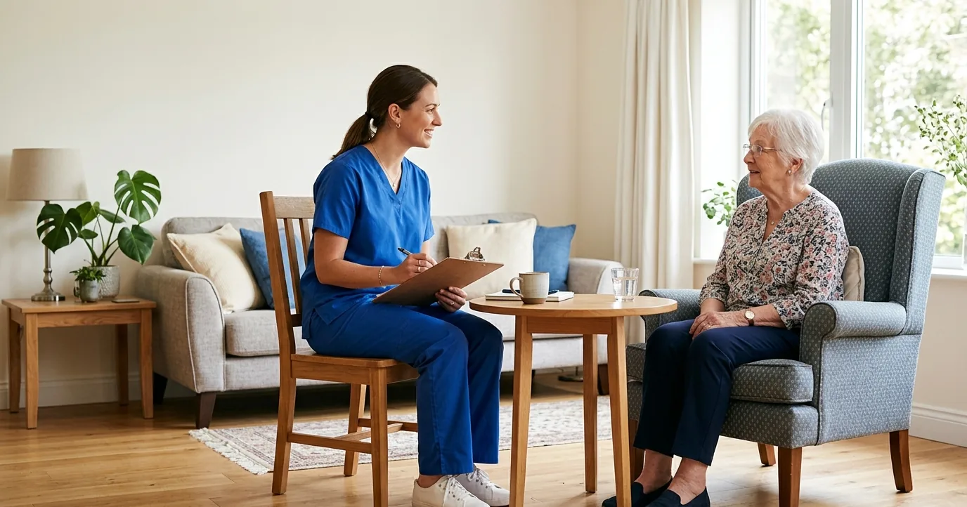 Nurse with a clipboard talking to a seated woman