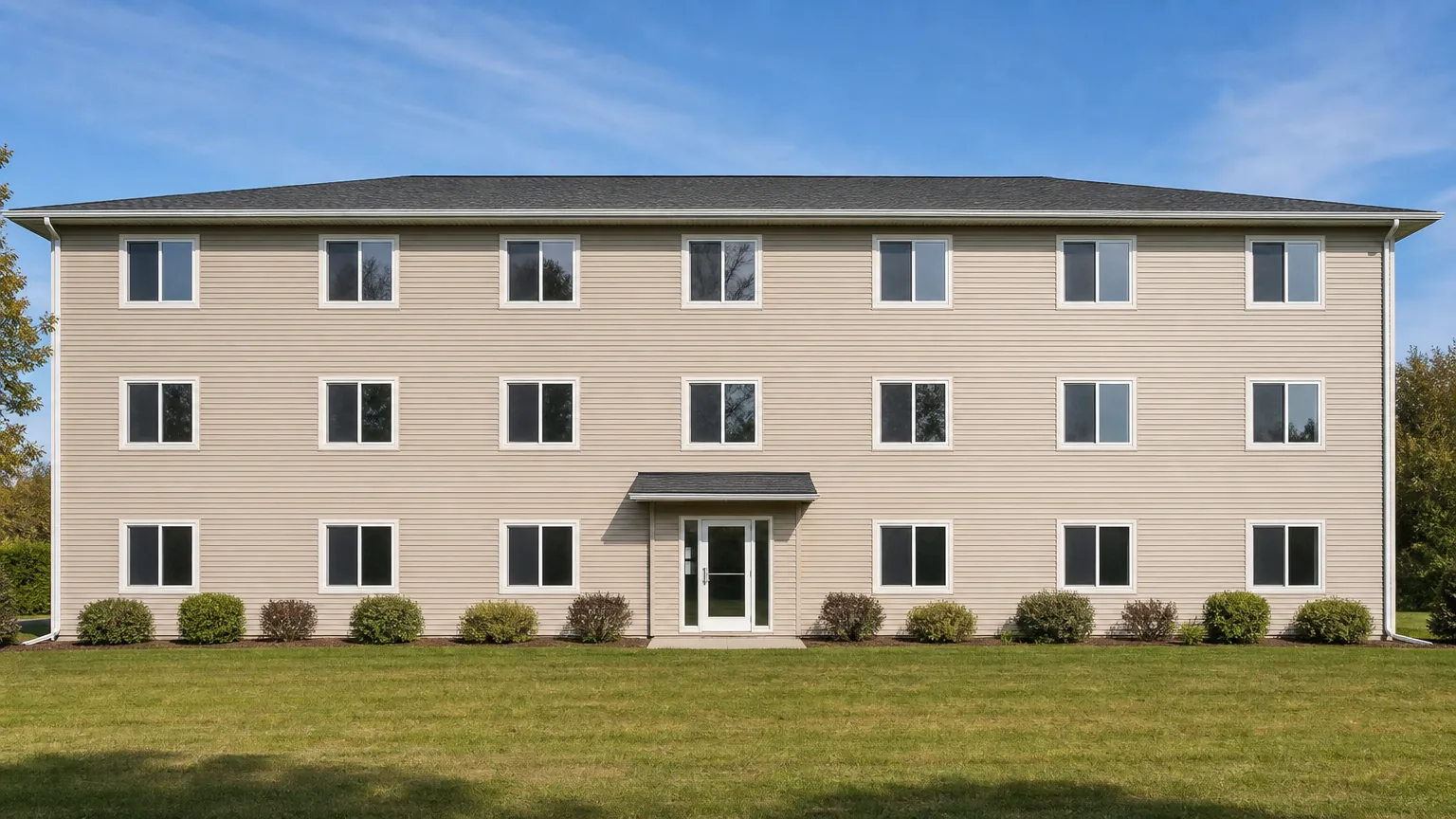 Three-story apartment building with a front lawn