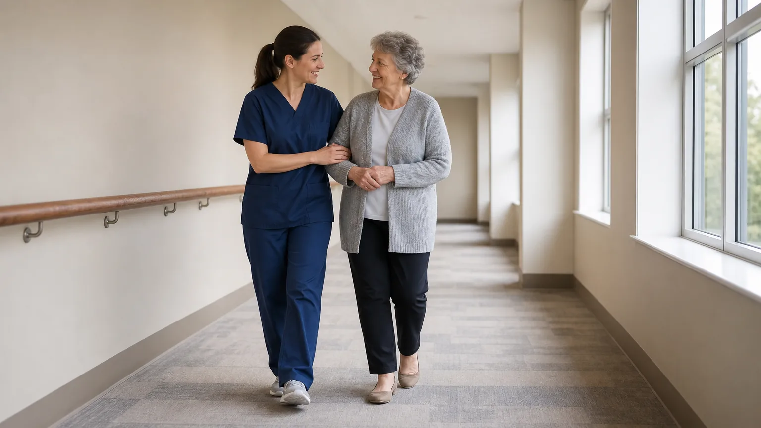 Caregiver walking arm in arm with an older woman