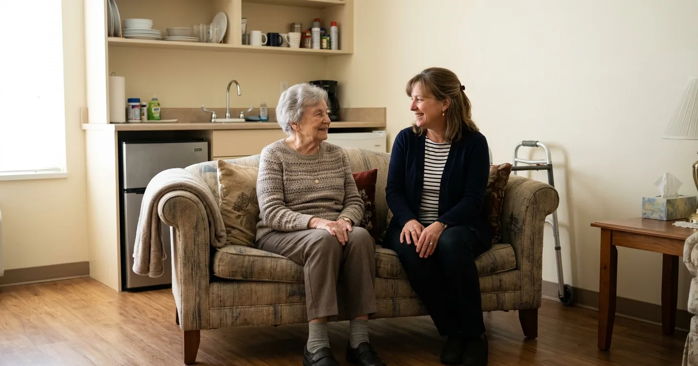 Older woman and adult daughter on a small sofa