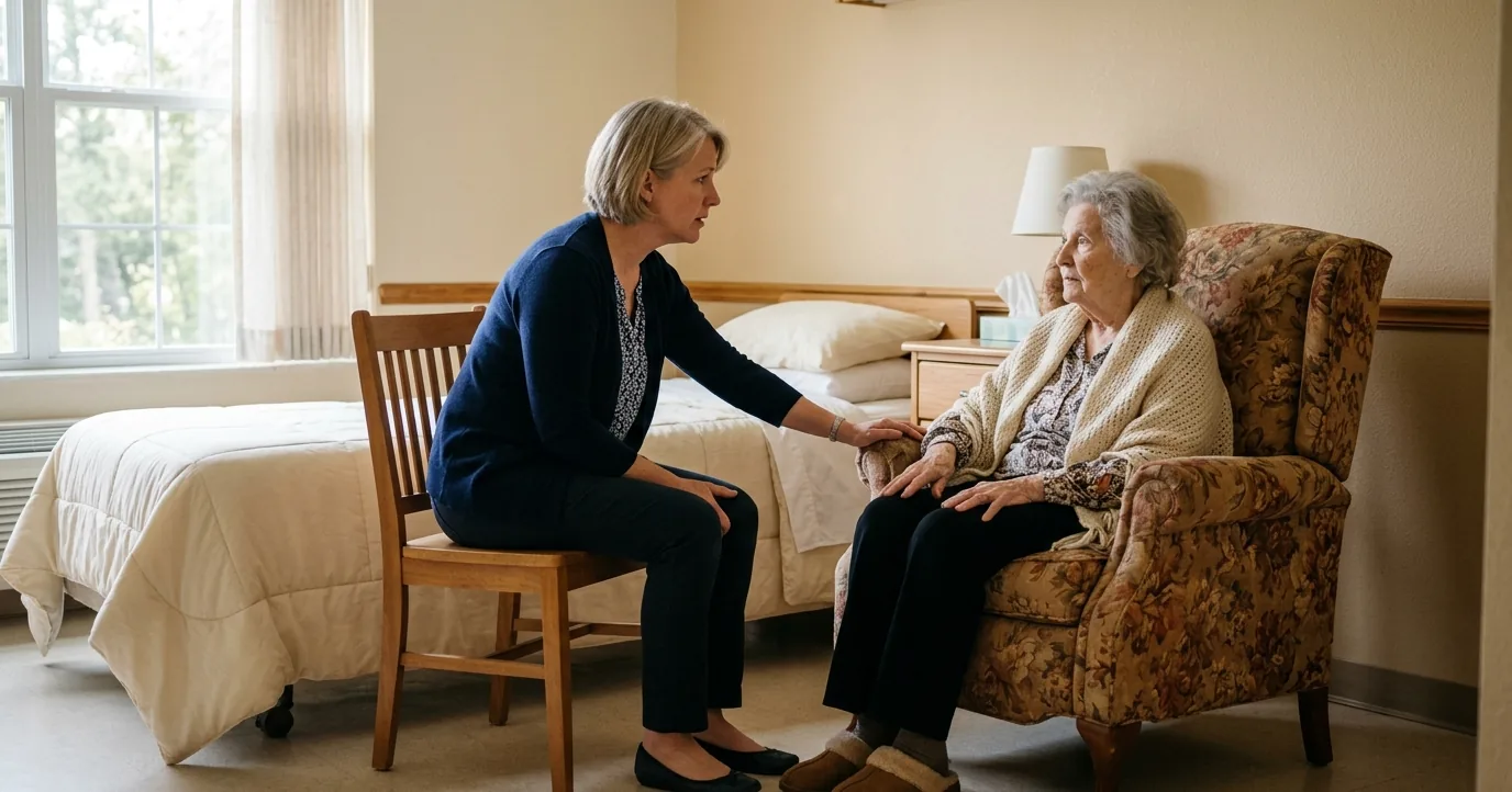 Woman talking with an older woman in an armchair