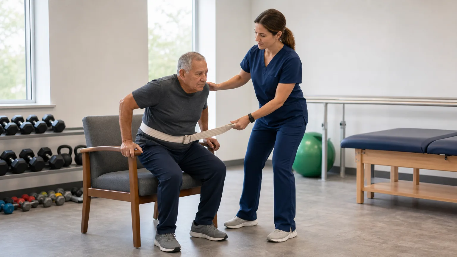 Therapist helping an older man stand from a chair