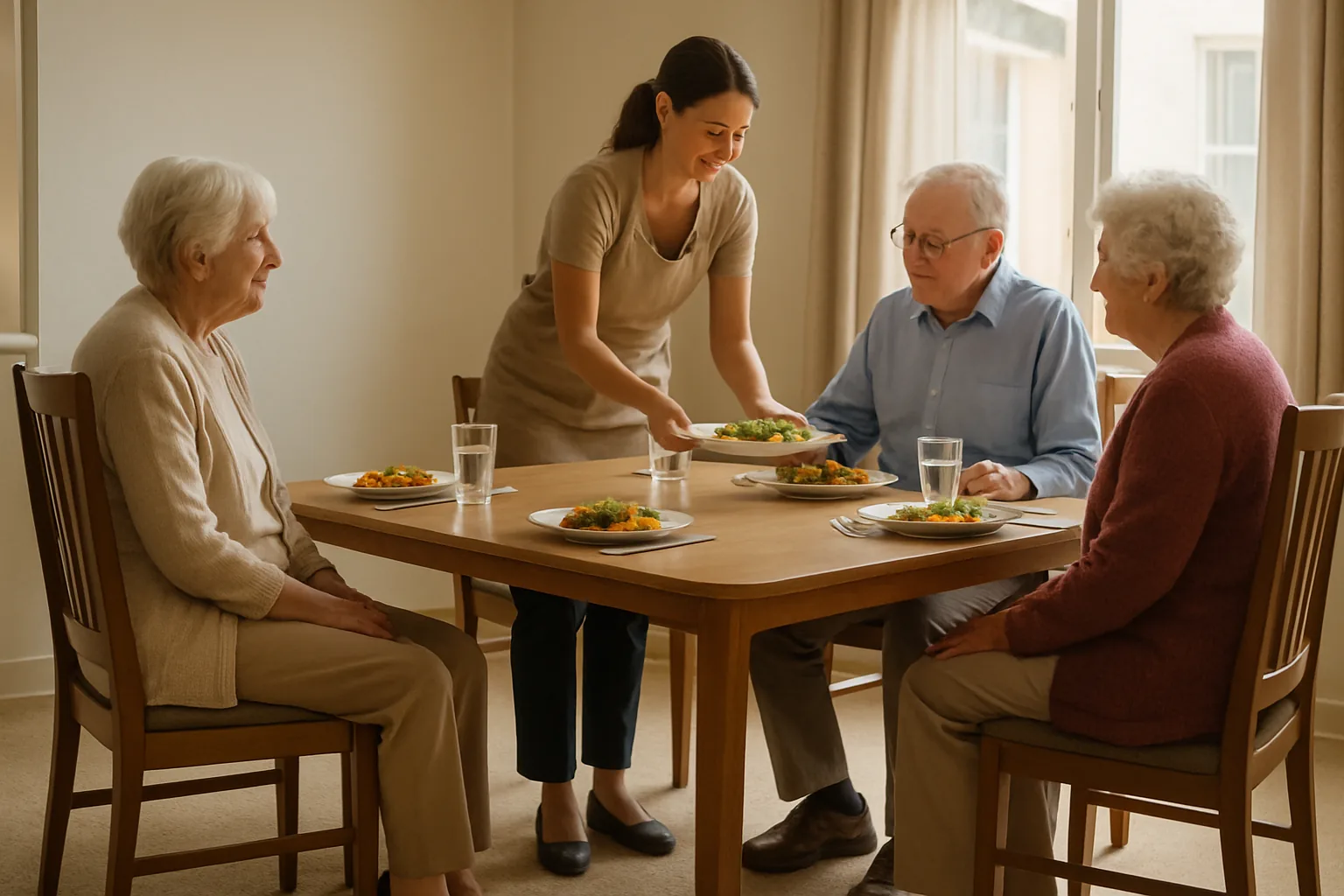Three older adults seated at a set dining table in a sunlit assisted living dining room as a server places a plate of food in front of one of them.