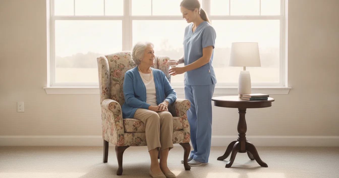 An older woman seated in an armchair in a sunlit assisted living apartment while a caregiver in scrubs hands her a glass of water.