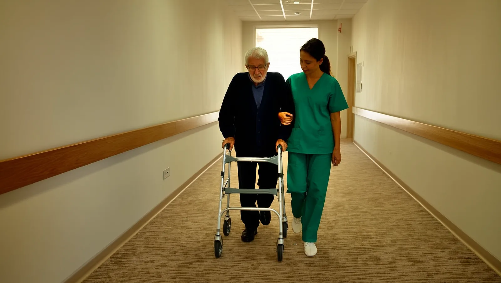 An older man using a wheeled walker down a carpeted corridor with handrails while a caregiver in scrubs walks beside him steadying his elbow.