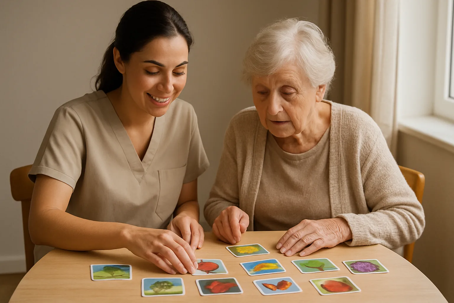 A trained caregiver sitting at a table helping an older woman sort photo cards during a memory activity in soft daylight.