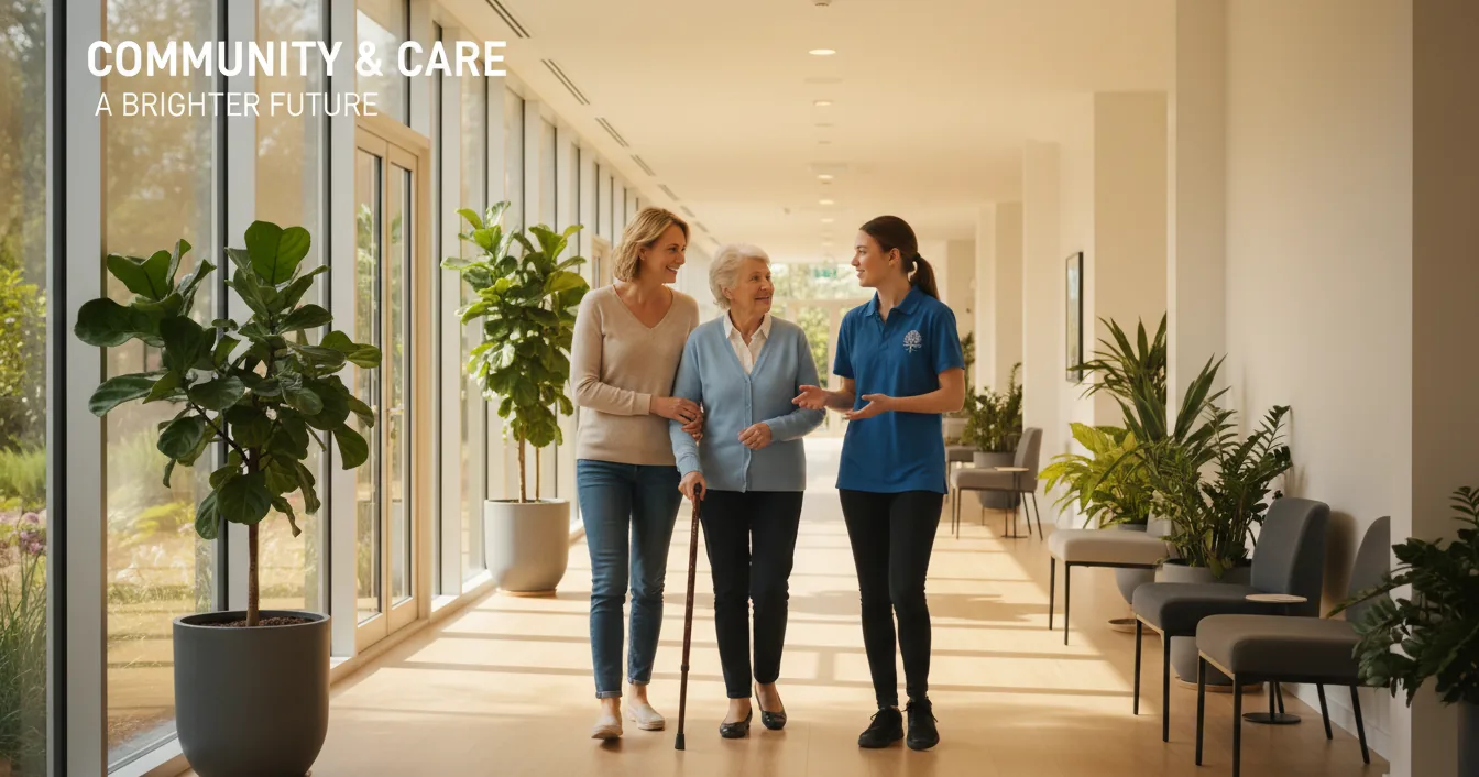 An adult daughter and her elderly mother walking with a community staff member down a bright, sunlit assisted living corridor.