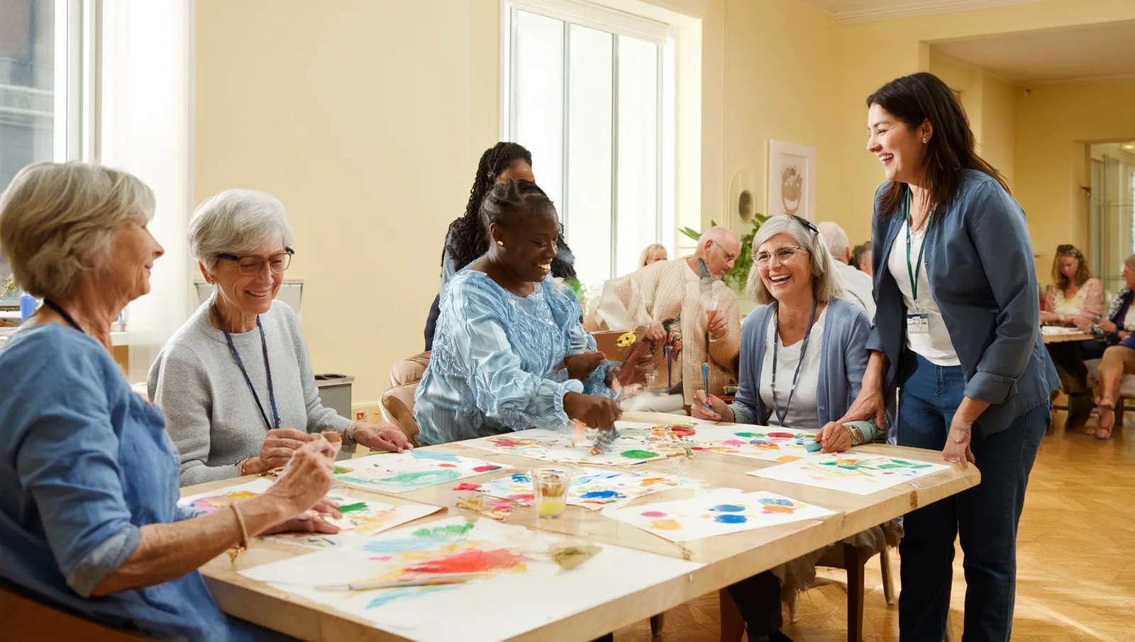 A small group of older adults smiling during an art and music activity in a sunlit senior community common room.