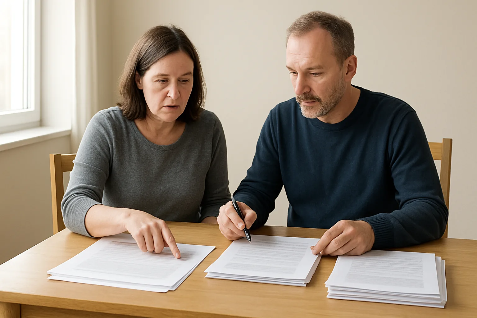 Two adult siblings seated at a dining table, sorting printed documents into separate piles while one points at a page and the other holds a pen.