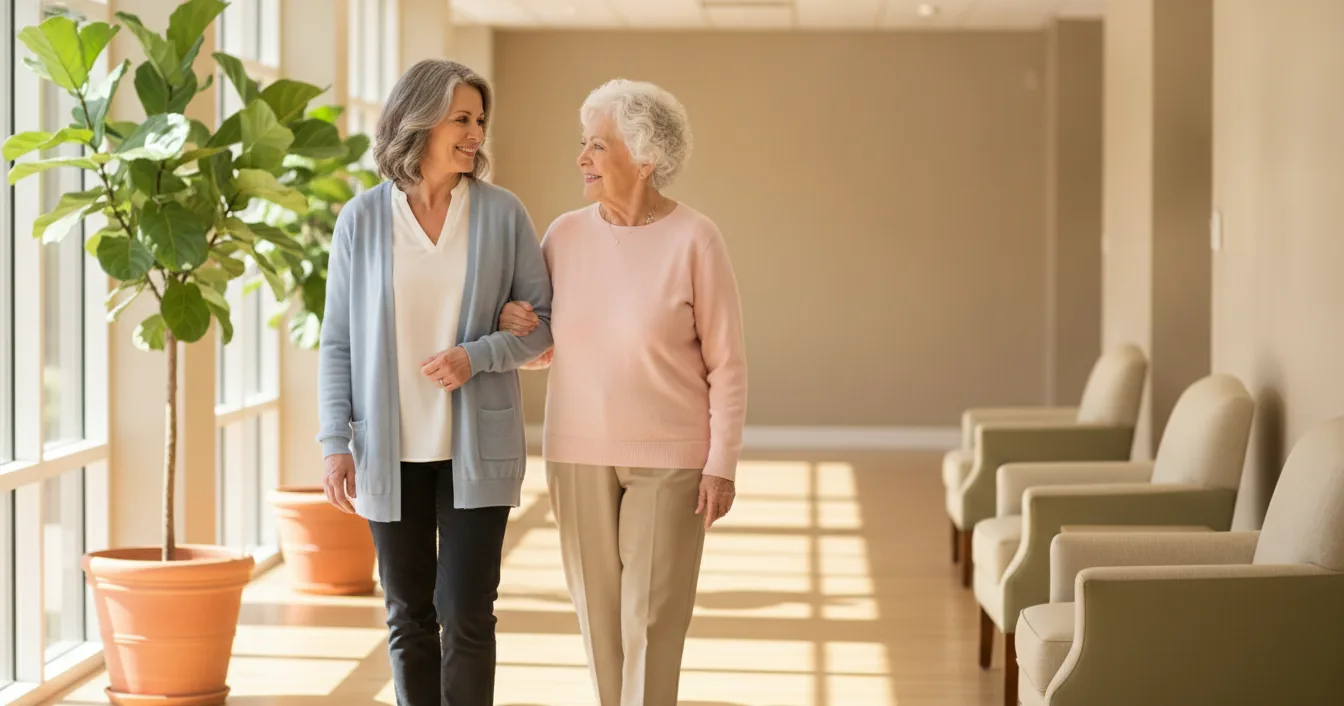 An adult daughter and her elderly mother walking side by side down a bright, sunlit senior living corridor lined with potted plants and armchairs.
