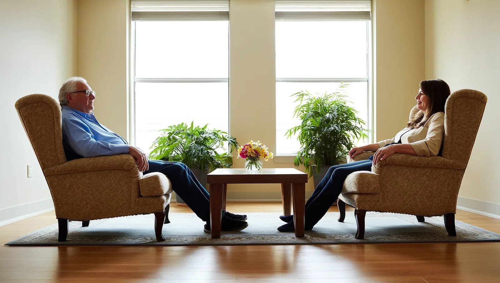 An older man and an adult woman visitor seated in separate armchairs facing each other across a low table in a sunlit senior living common room.