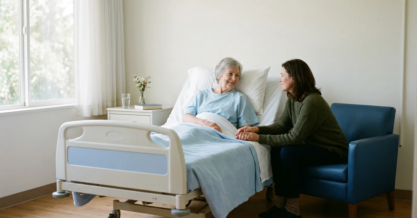 Daughter holding her mother's hand at a hospital bed