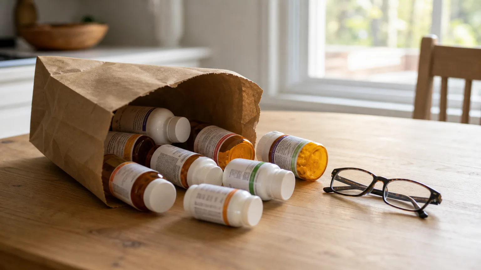 Medicine bottles spilling from a paper bag