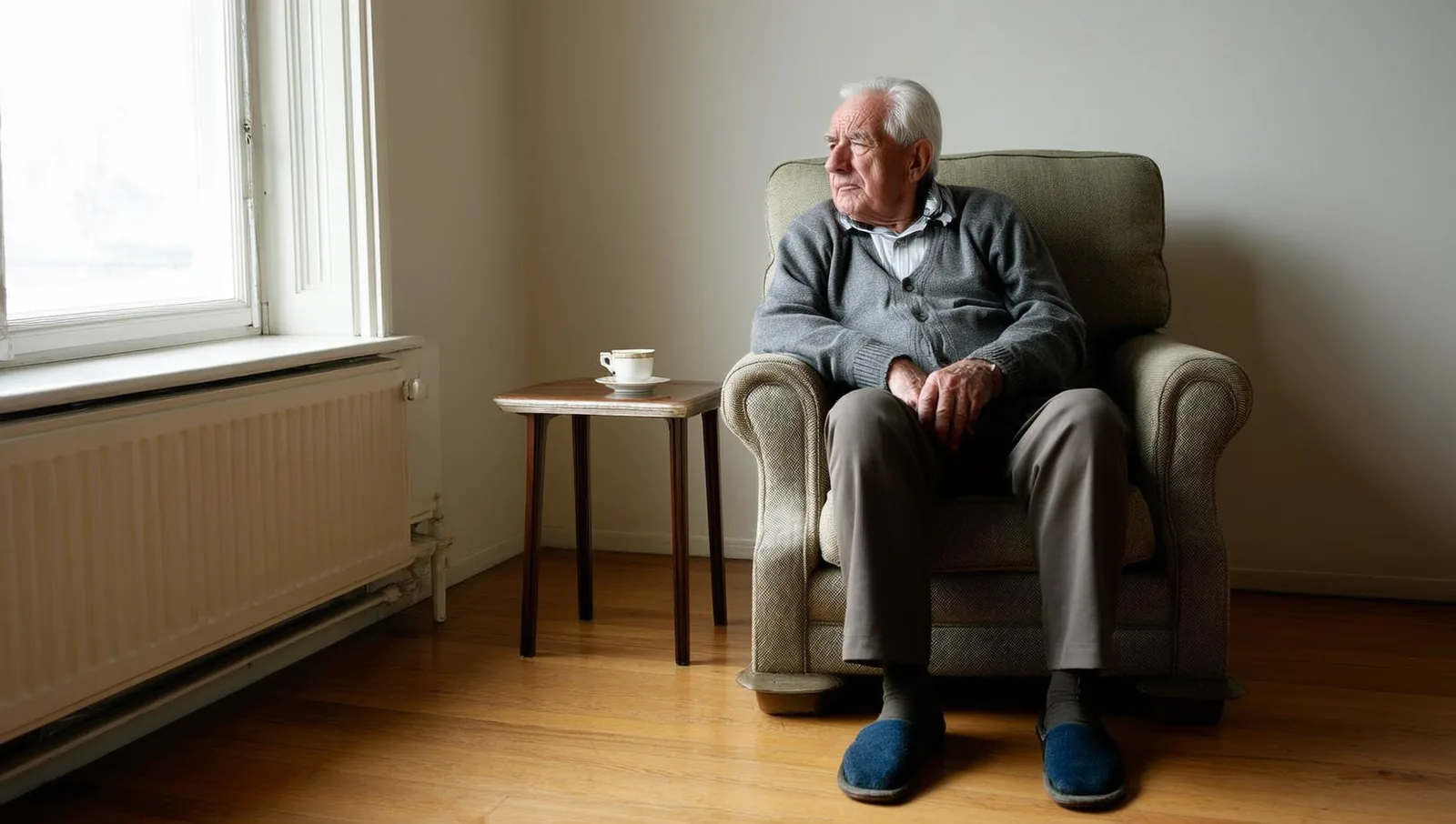 Older man sitting alone in an armchair by a window