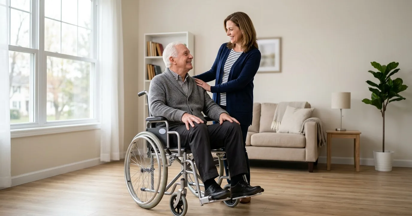 Older man in a wheelchair beside his adult daughter