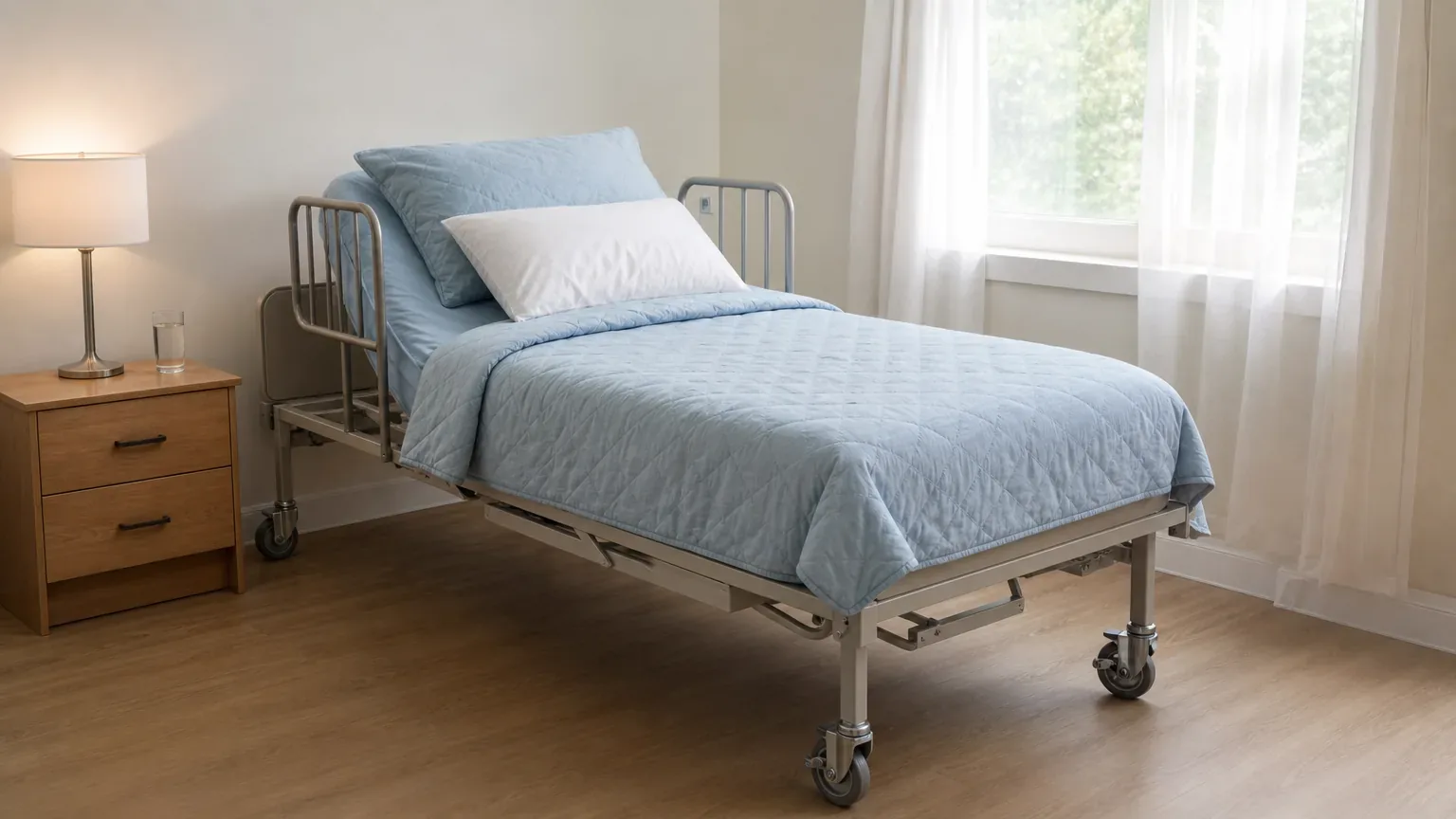 Adjustable hospital bed in an assisted living bedroom