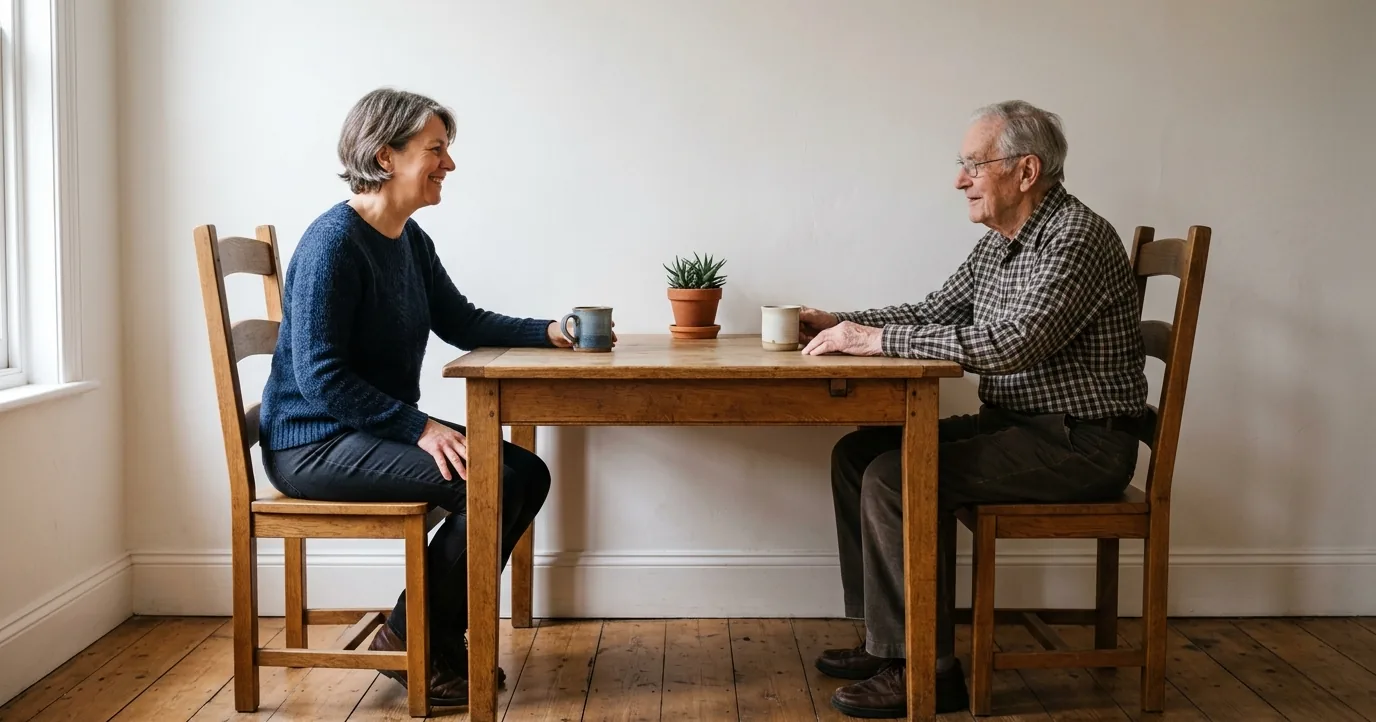 Adult daughter and older father at a kitchen table