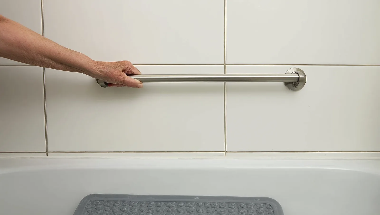 Older hand gripping a grab bar beside a bathtub