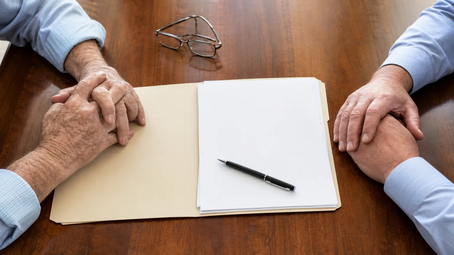 Older and younger hands on a folder of documents