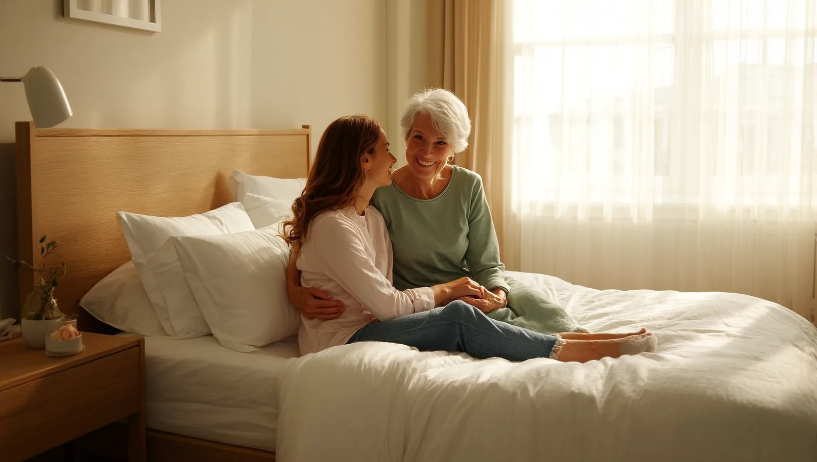 An adult daughter sitting at her elderly mother's bedside in a sunlit home bedroom, holding her hand.