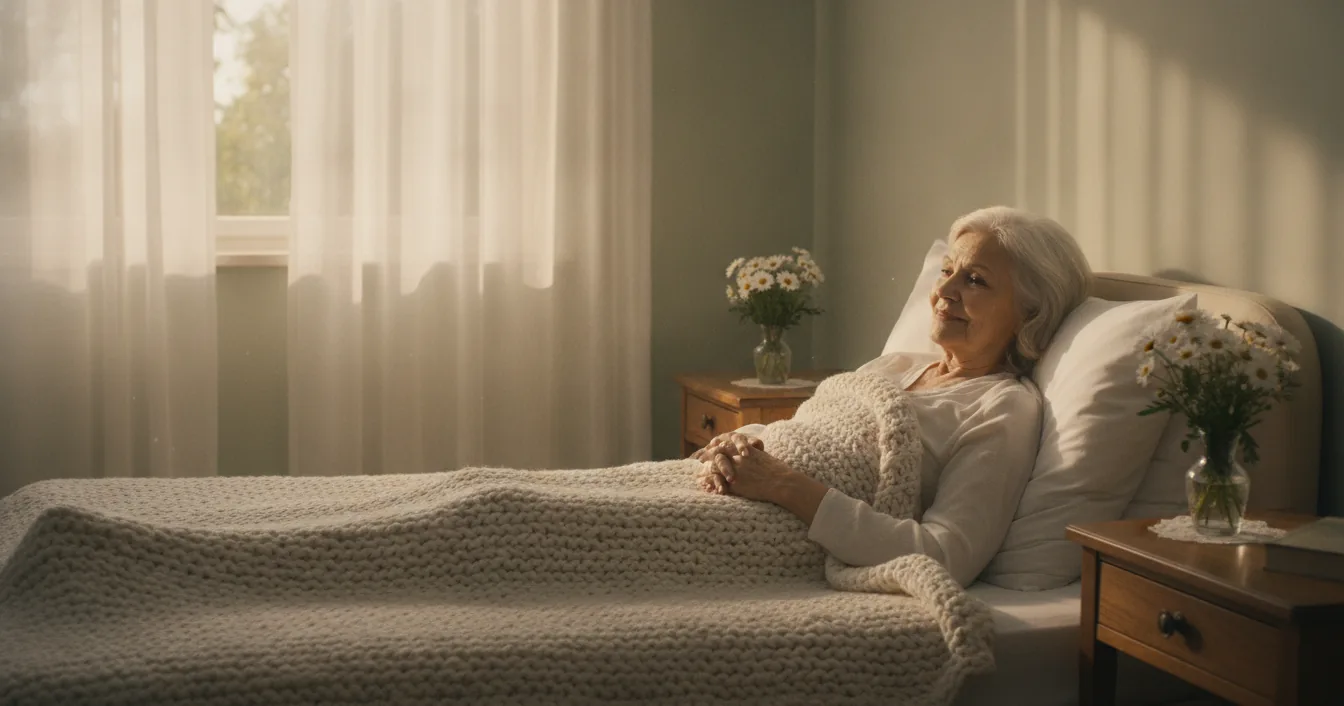 An elderly woman resting peacefully in a sunlit bedroom under a soft blanket, with fresh flowers on the nightstand.