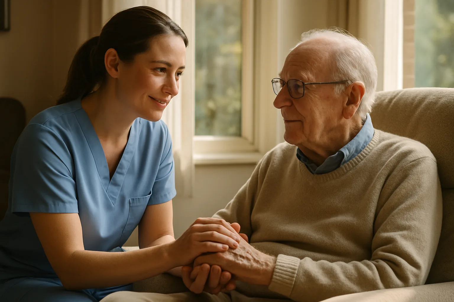 A hospice nurse in soft blue scrubs gently holding the hand of an elderly man seated by a sunlit window.