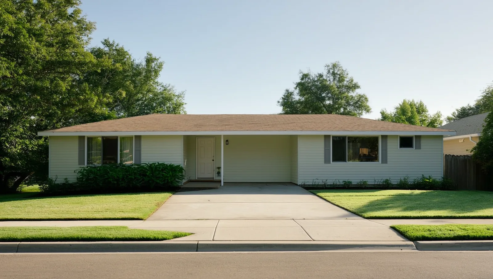 A modest single-story suburban house with a tidy lawn and mature trees in soft morning light.