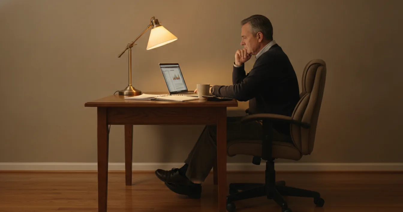 An adult son working through his parent's finances on a laptop and calculator at a home desk in warm evening light.