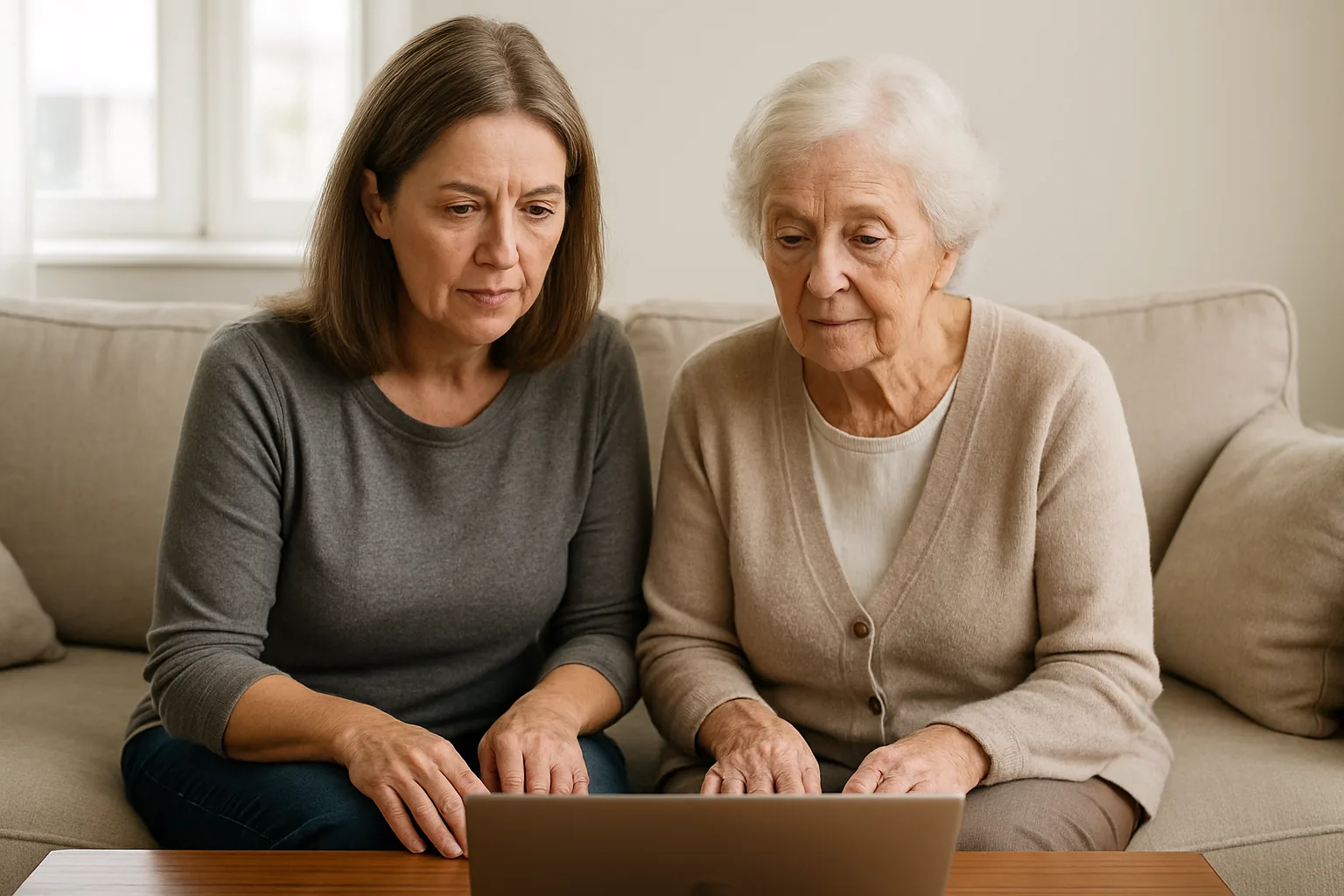 An adult daughter and her elderly mother sitting together on a sofa reviewing figures on a laptop in a sunlit living room.