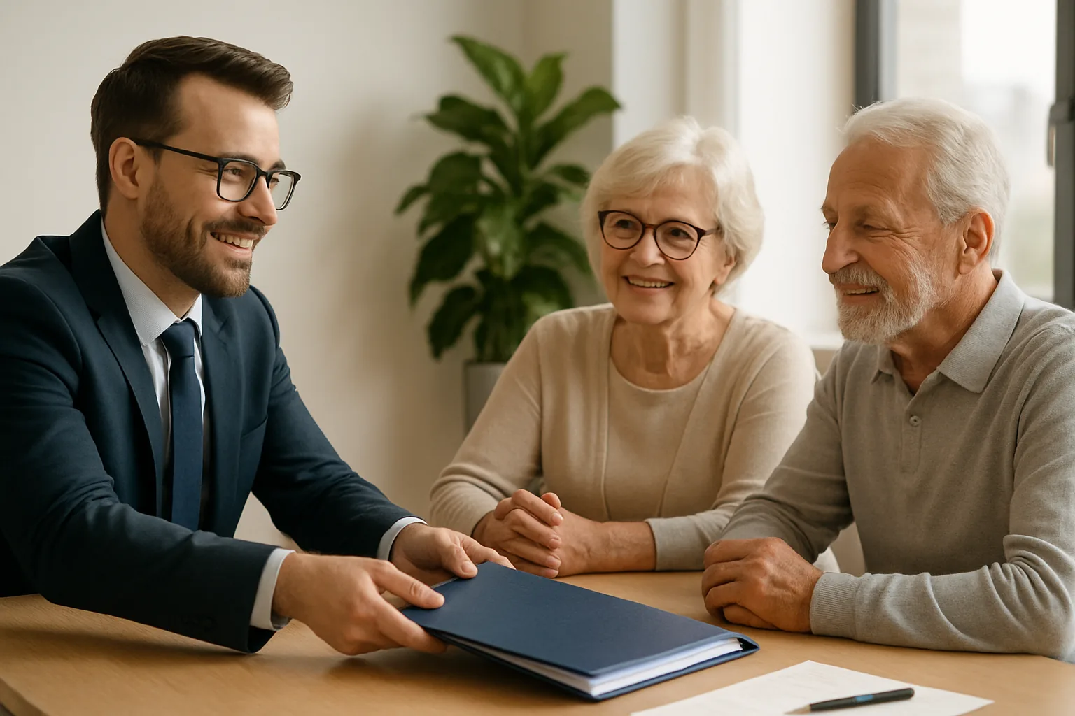 A financial advisor handing a folder of paperwork across a desk to an attentive senior couple in a bright office.