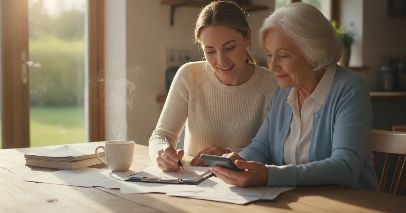 An adult daughter and her elderly mother reviewing financial paperwork together at a kitchen table, planning how to pay for senior living.