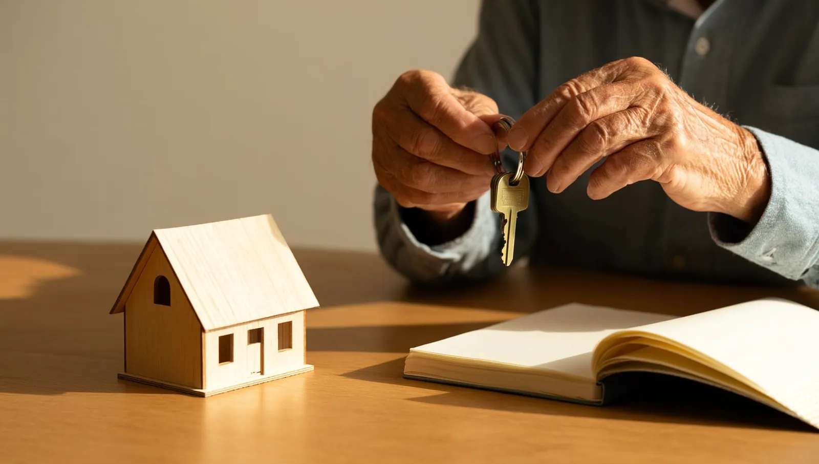 An older man's hands holding house keys above a wooden table beside a small model house and a notebook.