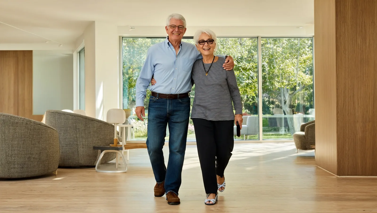 A senior couple walking arm in arm through the sunlit common lounge of a modern senior living community.