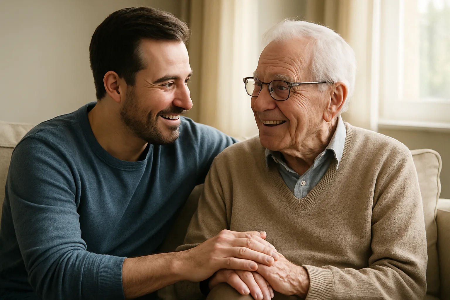 An adult son sitting beside his elderly father on a sofa, leaning in as they talk warmly about the road ahead.