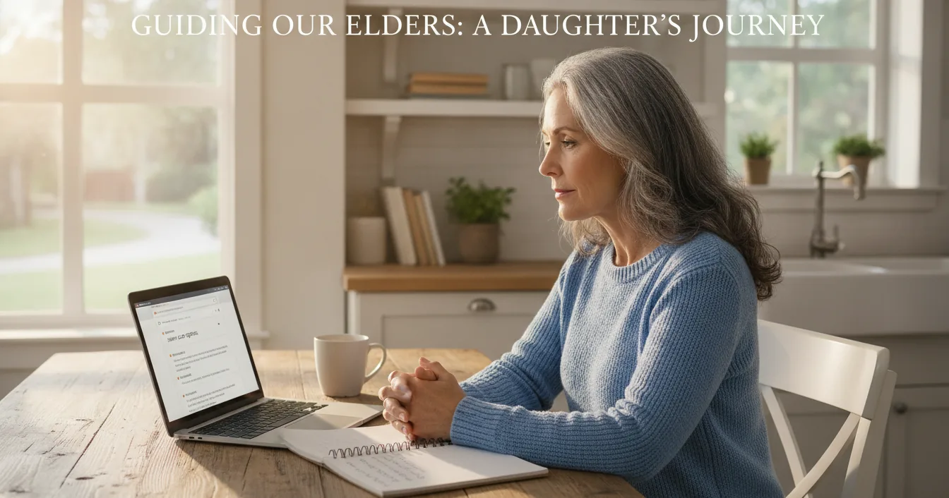 Adult daughter at a kitchen table with a laptop, notepad, and phone in morning light, beginning to research senior living options for a parent.