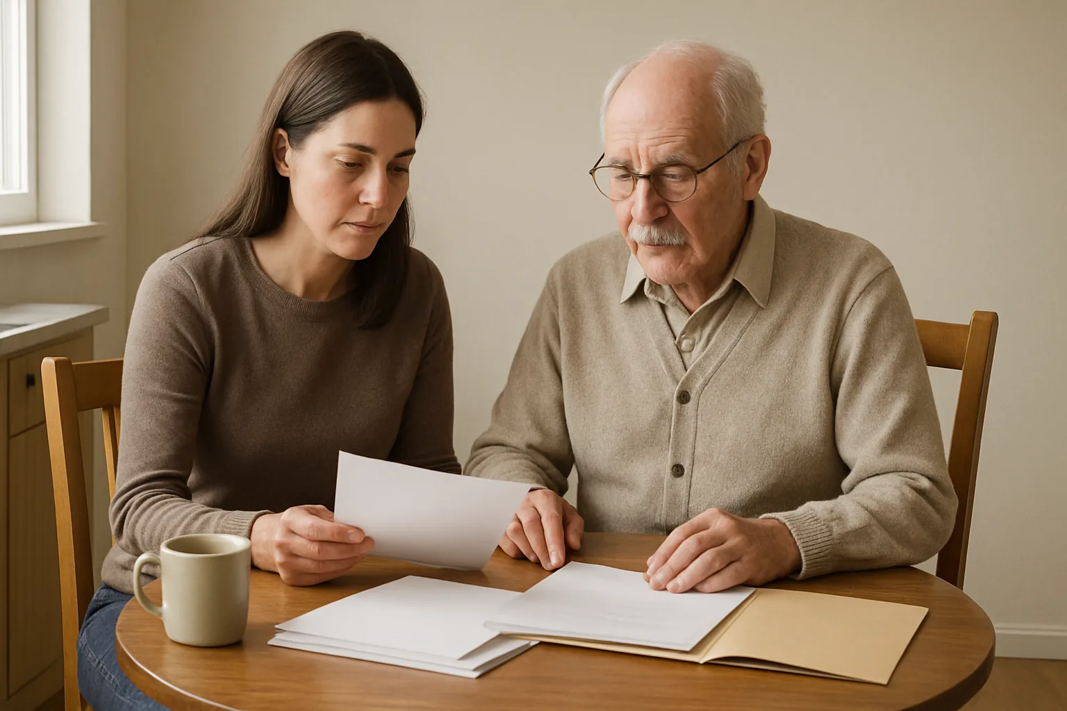 Daughter and older father reading papers at a kitchen table