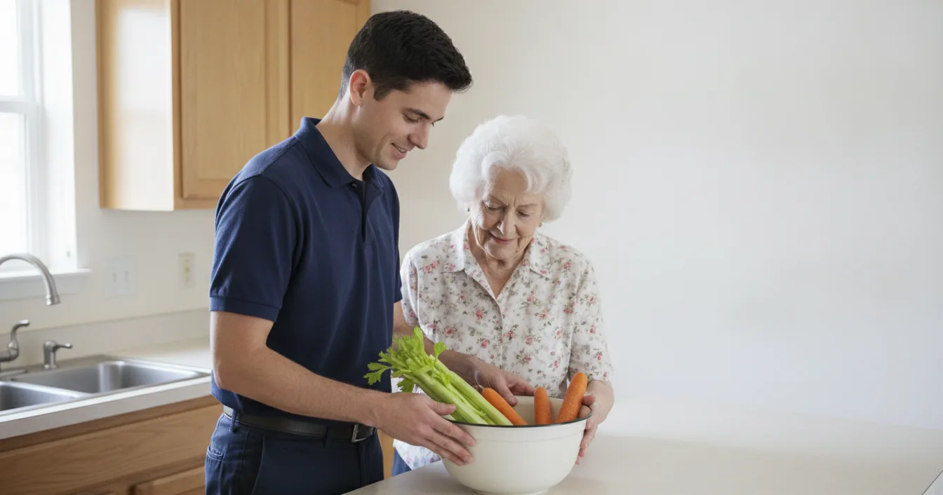 Caregiver and older woman filling a bowl with vegetables