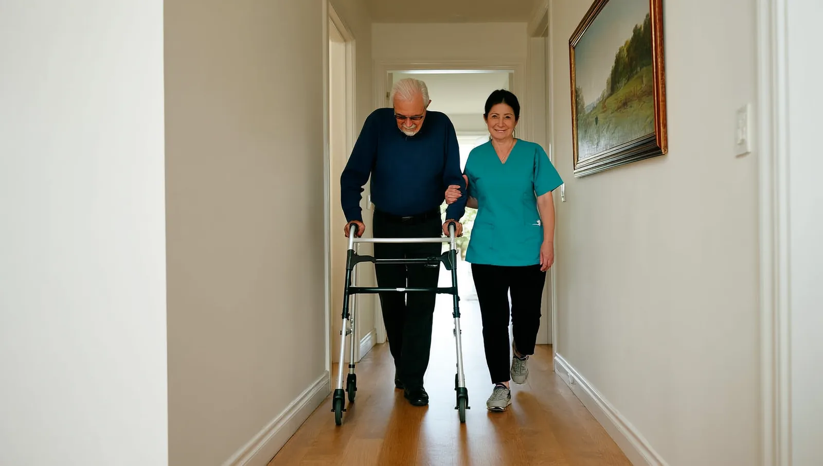 Older man with a walker and a caregiver in a hallway