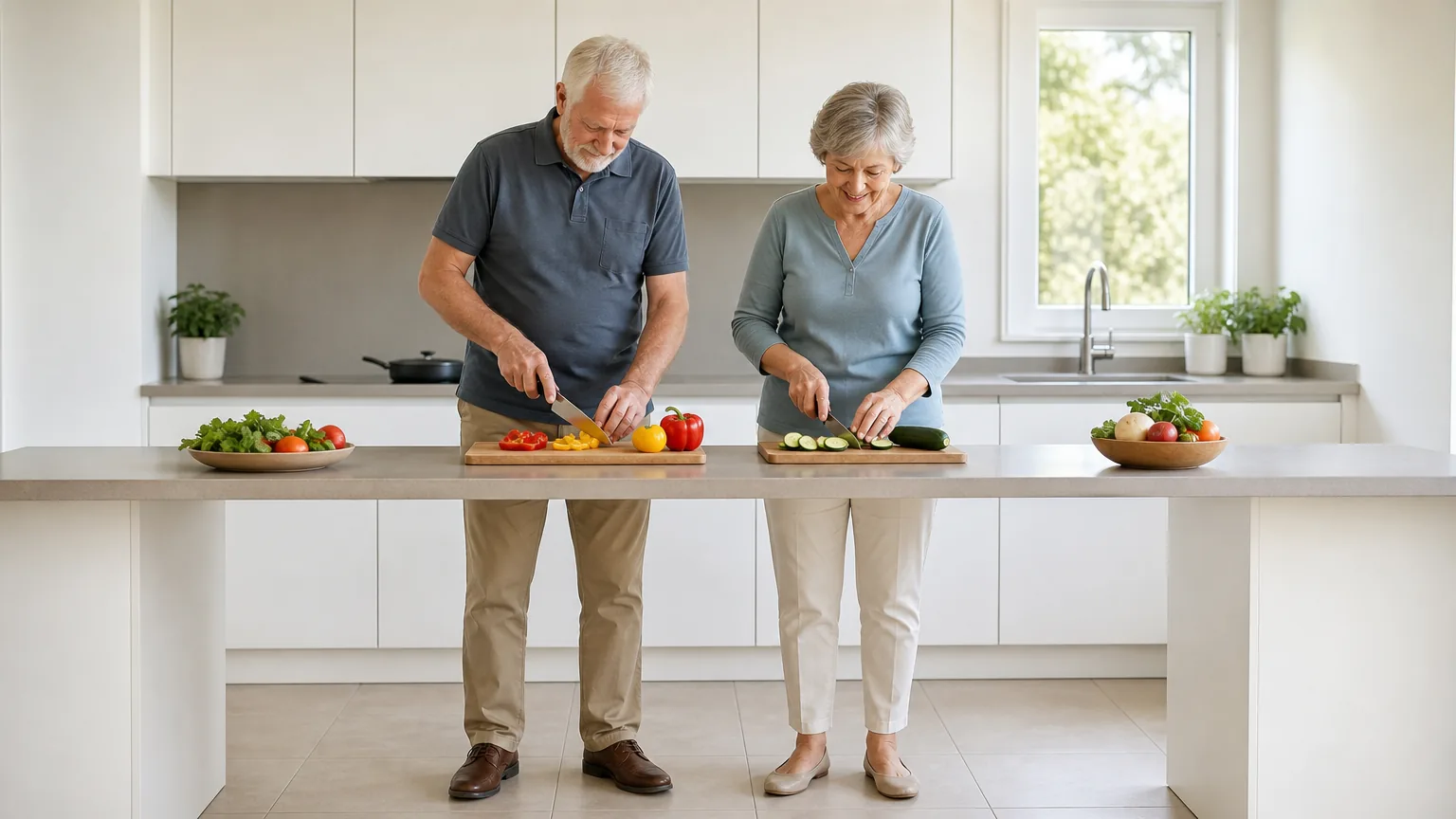 Older man and woman chopping vegetables at a kitchen counter