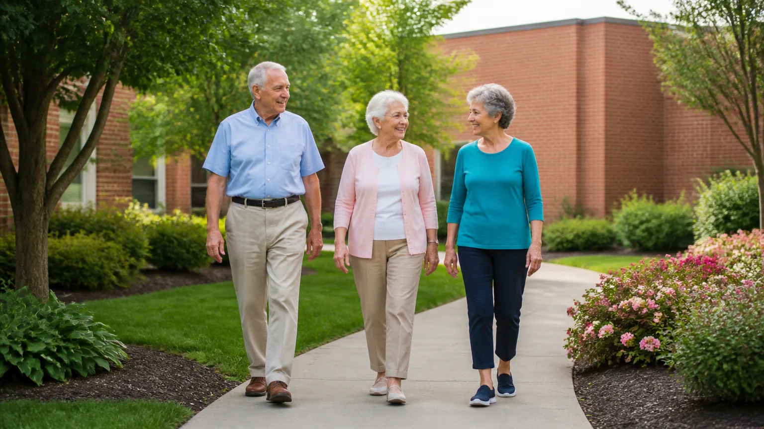 Three older adults walking together on a community garden path
