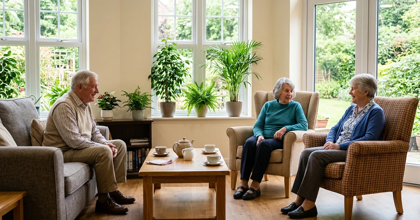 Three older adults with tea in a bright community lounge