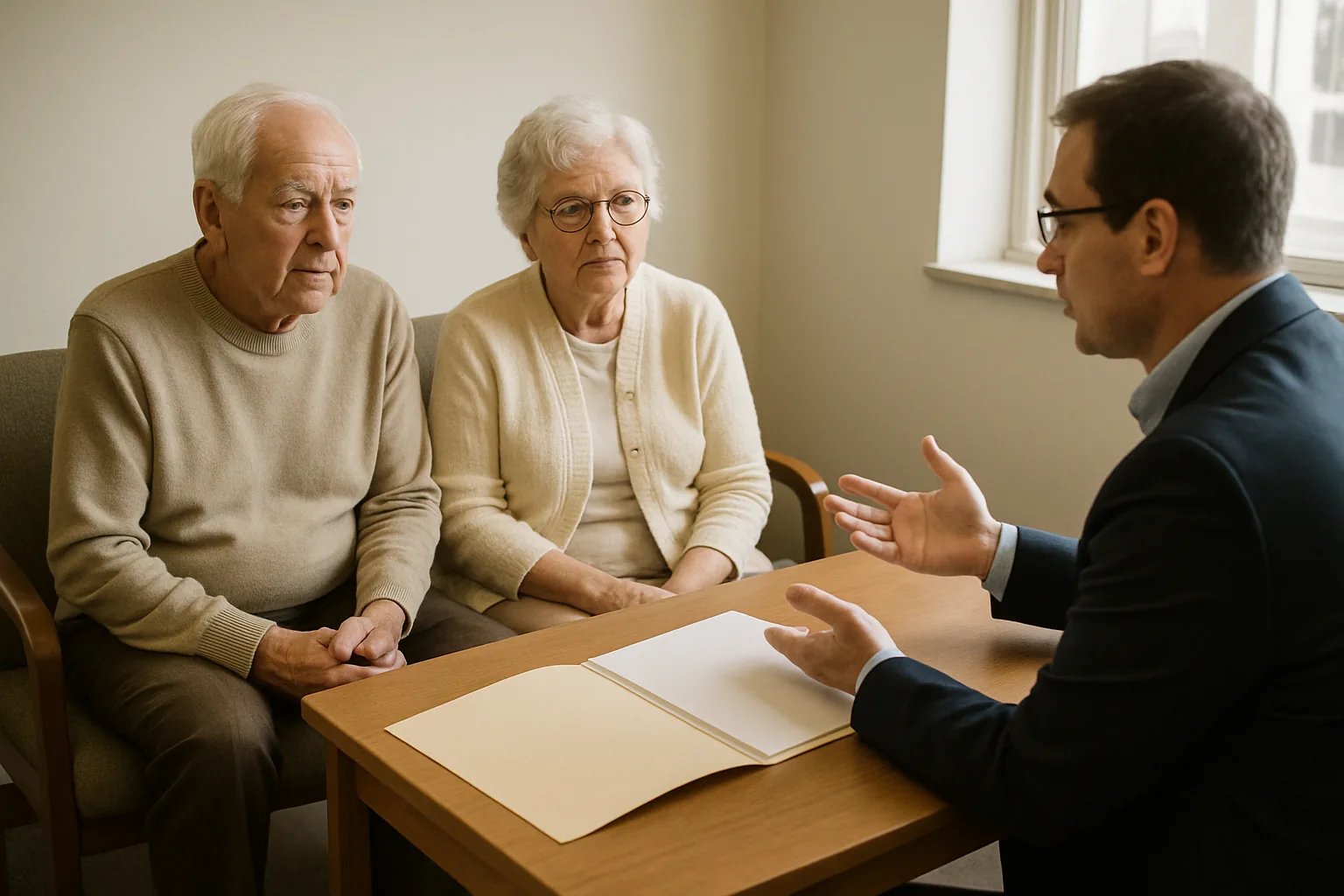 An older couple talking with an adviser at a desk
