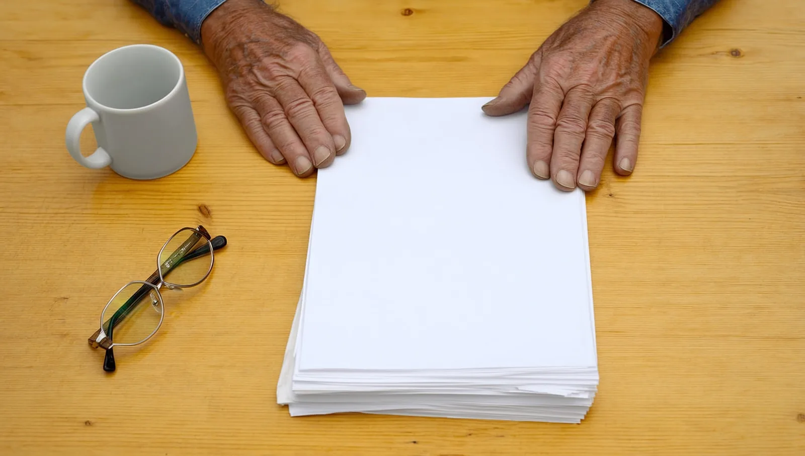 Older hands resting on a stack of documents