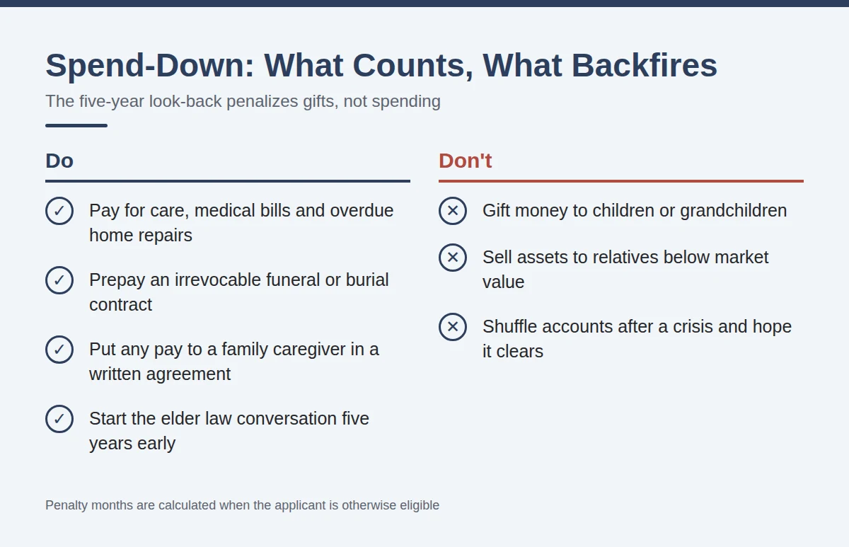 Summary card: Spend-Down, What Counts and What Backfires