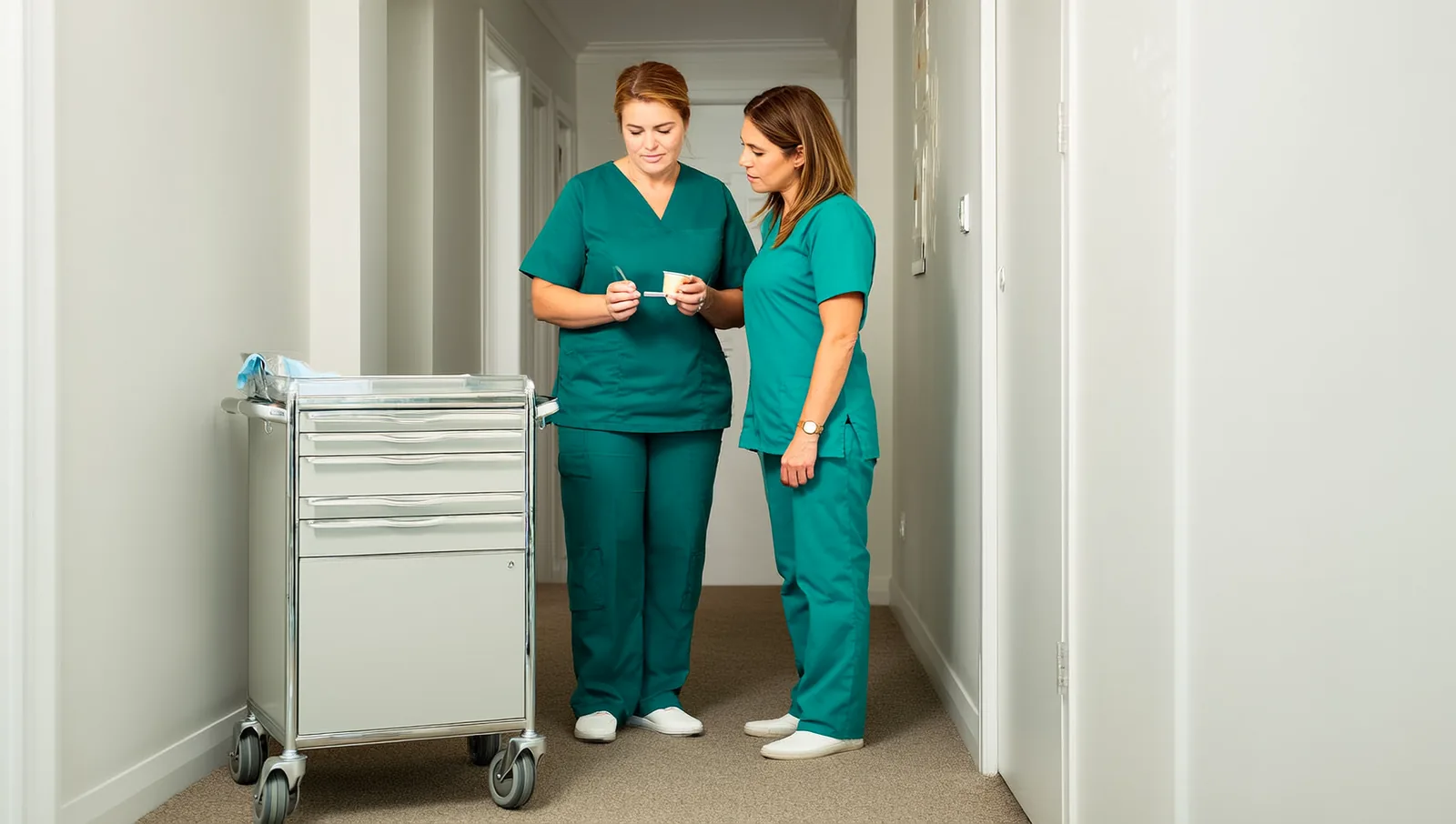 Two staff in scrubs checking a pill cup at a medication cart