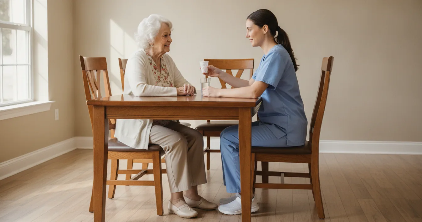 Caregiver handing an older woman a cup of pills at a table