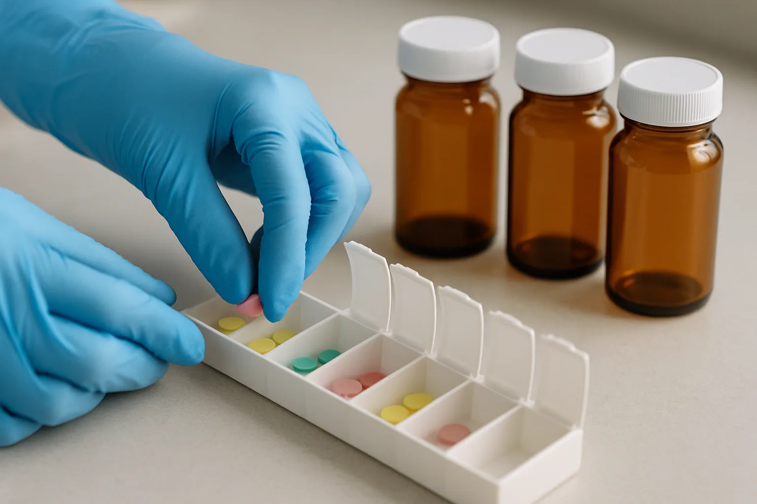 Gloved hands sorting pills into a weekly organizer