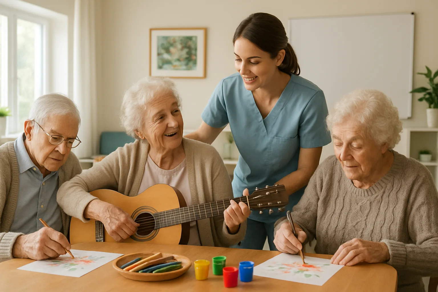 Several older adults and a caregiver gathered around a table for a hands-on art and music activity in a bright memory care room.