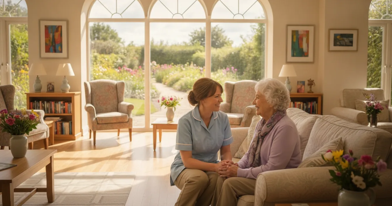 A caregiver sitting and talking warmly with an older woman in a bright, homelike memory care lounge with a garden visible through large windows.