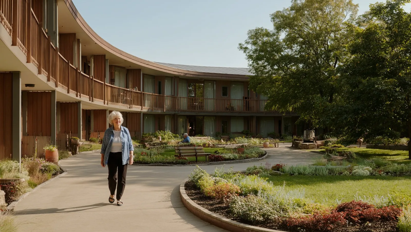 An older woman walking along a looped path in a secured garden courtyard with raised flower beds and a bench in soft afternoon light.